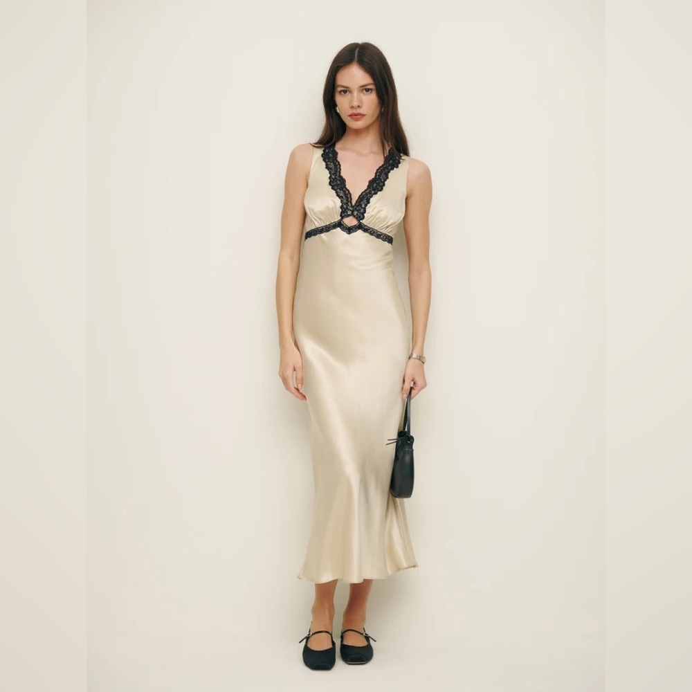 Reformation Alicyn Lace Trim Satin Slip Dress Ivory Cream Silk Size 0 - Picture 3 of 10